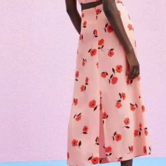 Zara Pink Floral Printed Linen Midi Skirt Size Medium - Red Flower Pattern - Picture 4 of 9